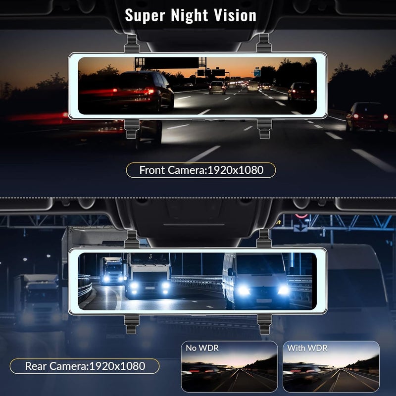 AMprime Mirror Dash Cam with Wireless Apple Carplay&Android Auto,11.26" Voice Control Rear View Mirror 1080P Front and Rear View Dual Cameras,FM Transmitter,Night Vision,Parking Assistance, WDR,Loop Recording - Image 3